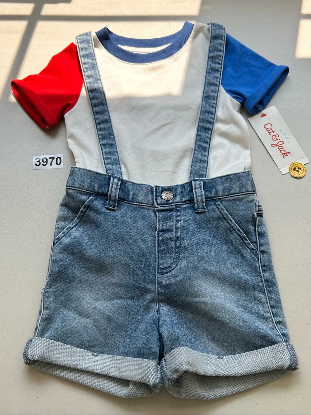 Cat & Jack 2-Piece Denim Overall Shorts & Colorblock T-Shirt Set 18 M